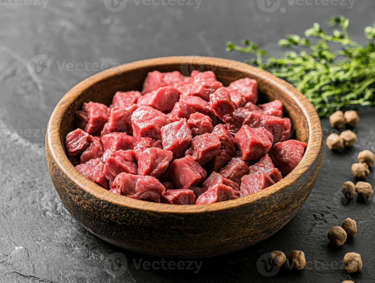Fresh diced beef ready for cooking and seasoning preparations photo