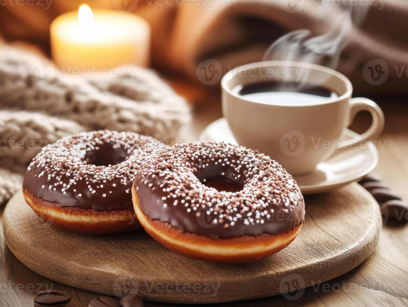 Enjoying warm chocolate donuts with coffee in cozy atmosphere photo
