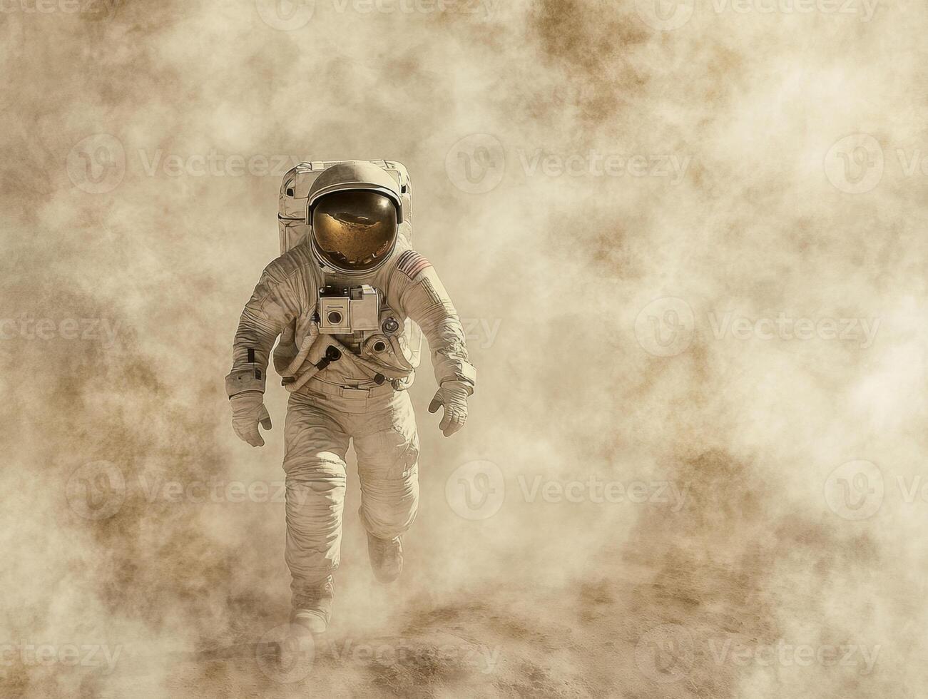 Astronaut walking through a dusty landscape on a distant planet photo