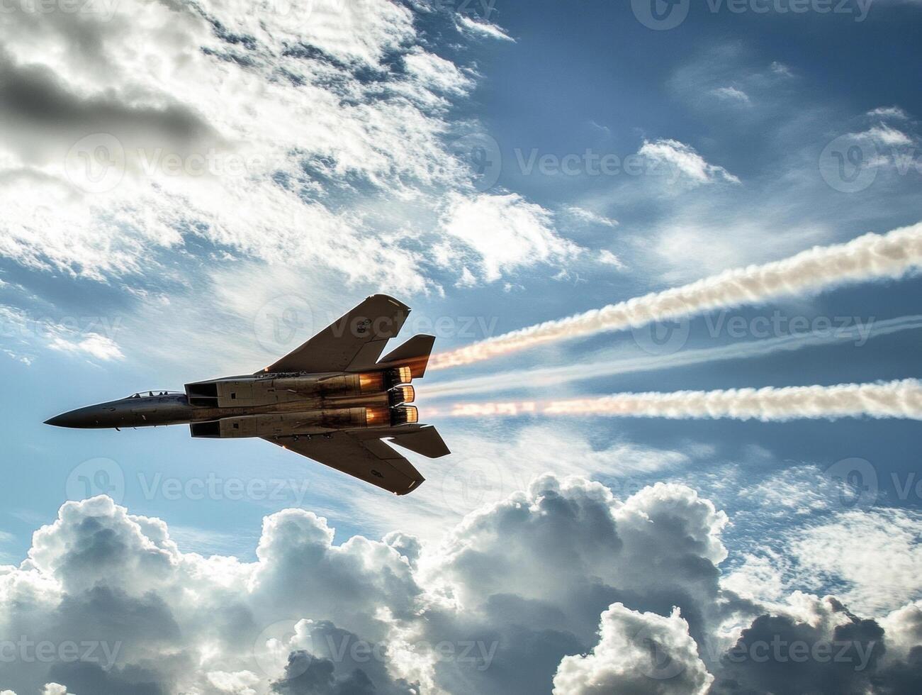 Fighter jet performing a high-speed maneuver in the sky photo