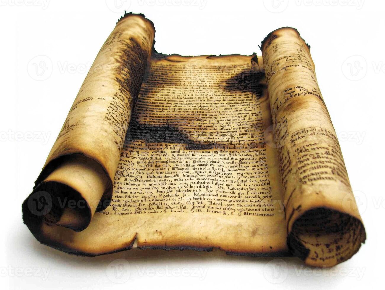 Ancient scroll with burnt edges displaying historical text photo