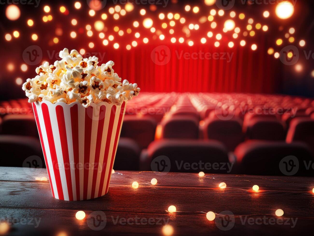 Enjoying popcorn in a cozy theater with soft lights photo