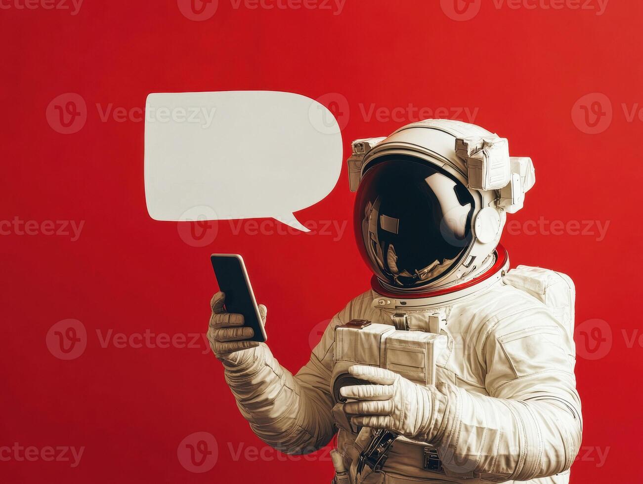 Astronaut using smartphone with red background during space mission photo