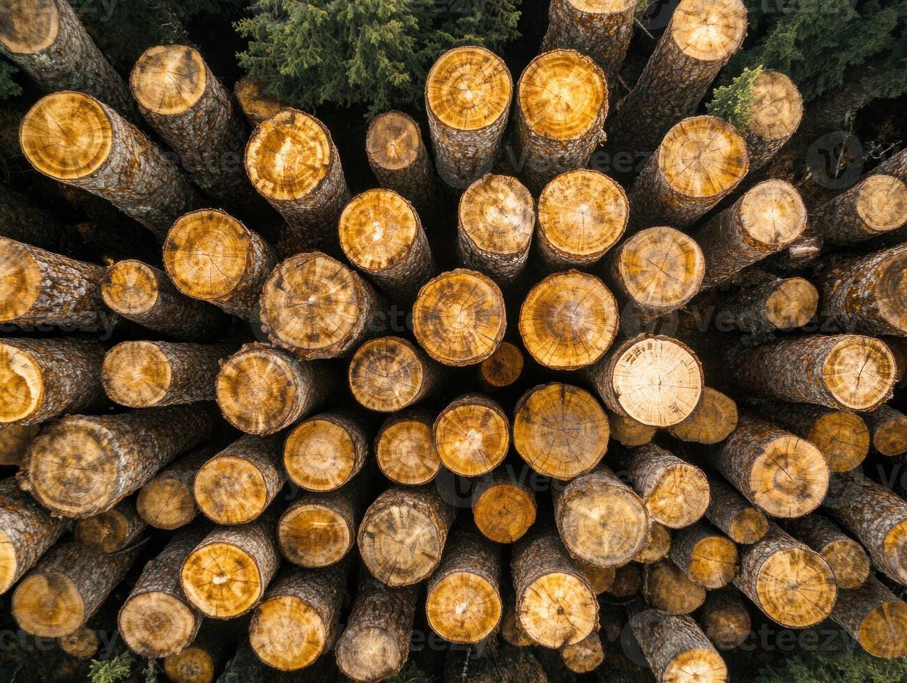 Forest logs stacked for processing in a lumber yard photo