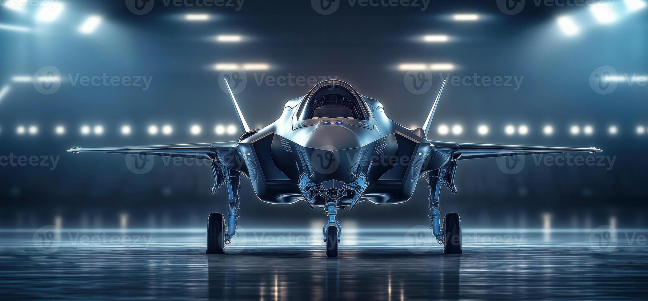 Advanced fighter jet displayed in a modern hangar setting photo