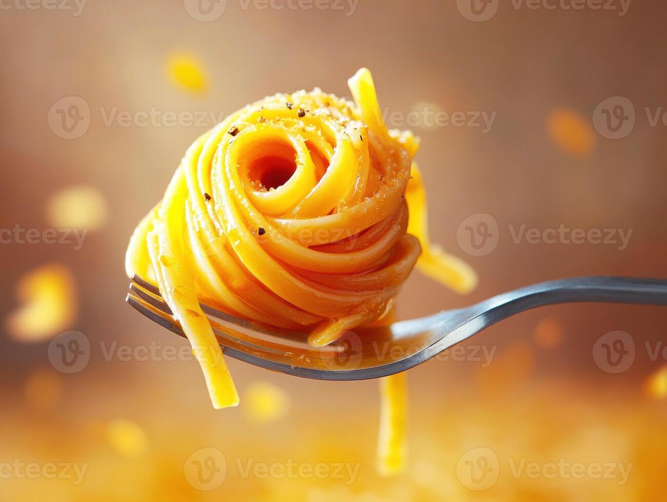 Delicious spaghetti twirled on a fork with a golden sauce photo
