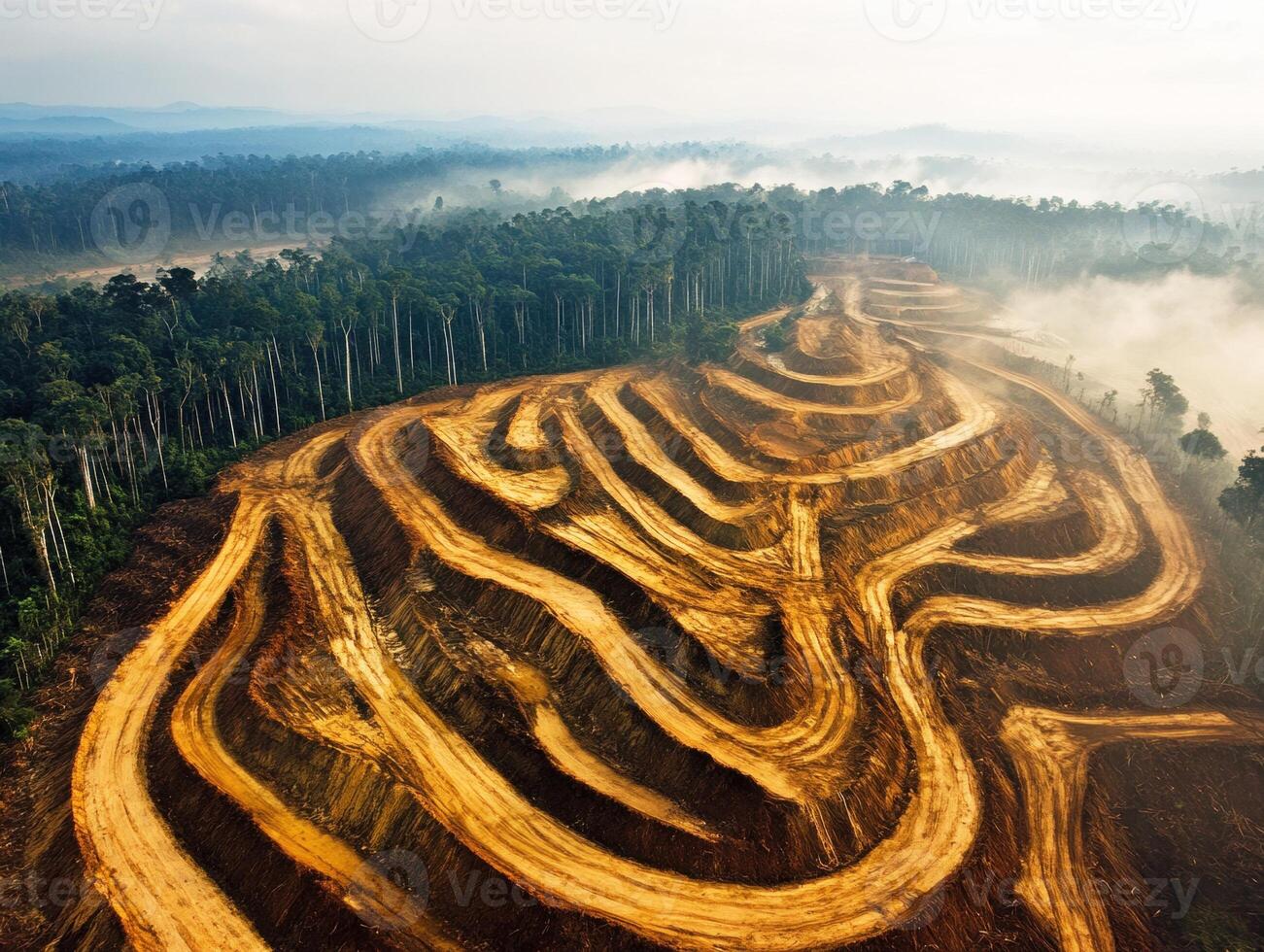 Striking aerial view of winding dirt paths in deforested area photo