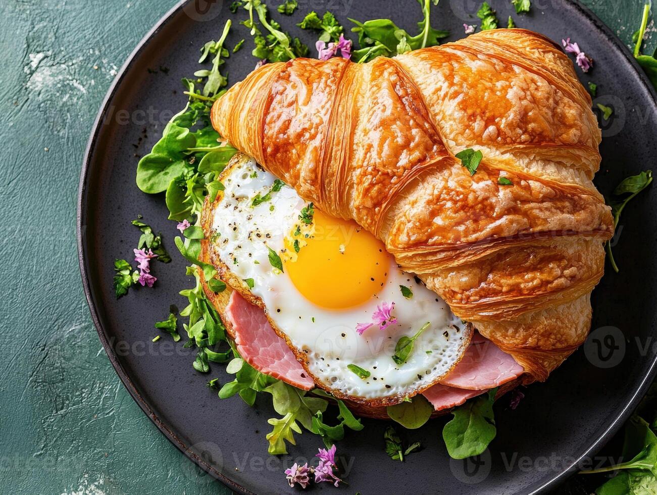 Delicious croissant sandwich with egg and ham on a plate photo