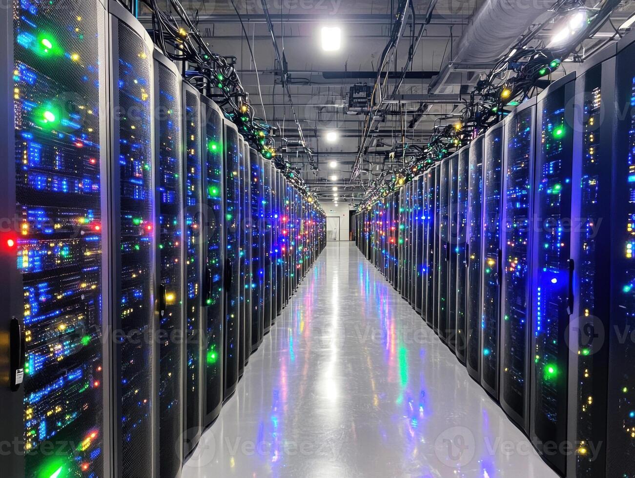 Modern data center with illuminated server racks and clean design photo
