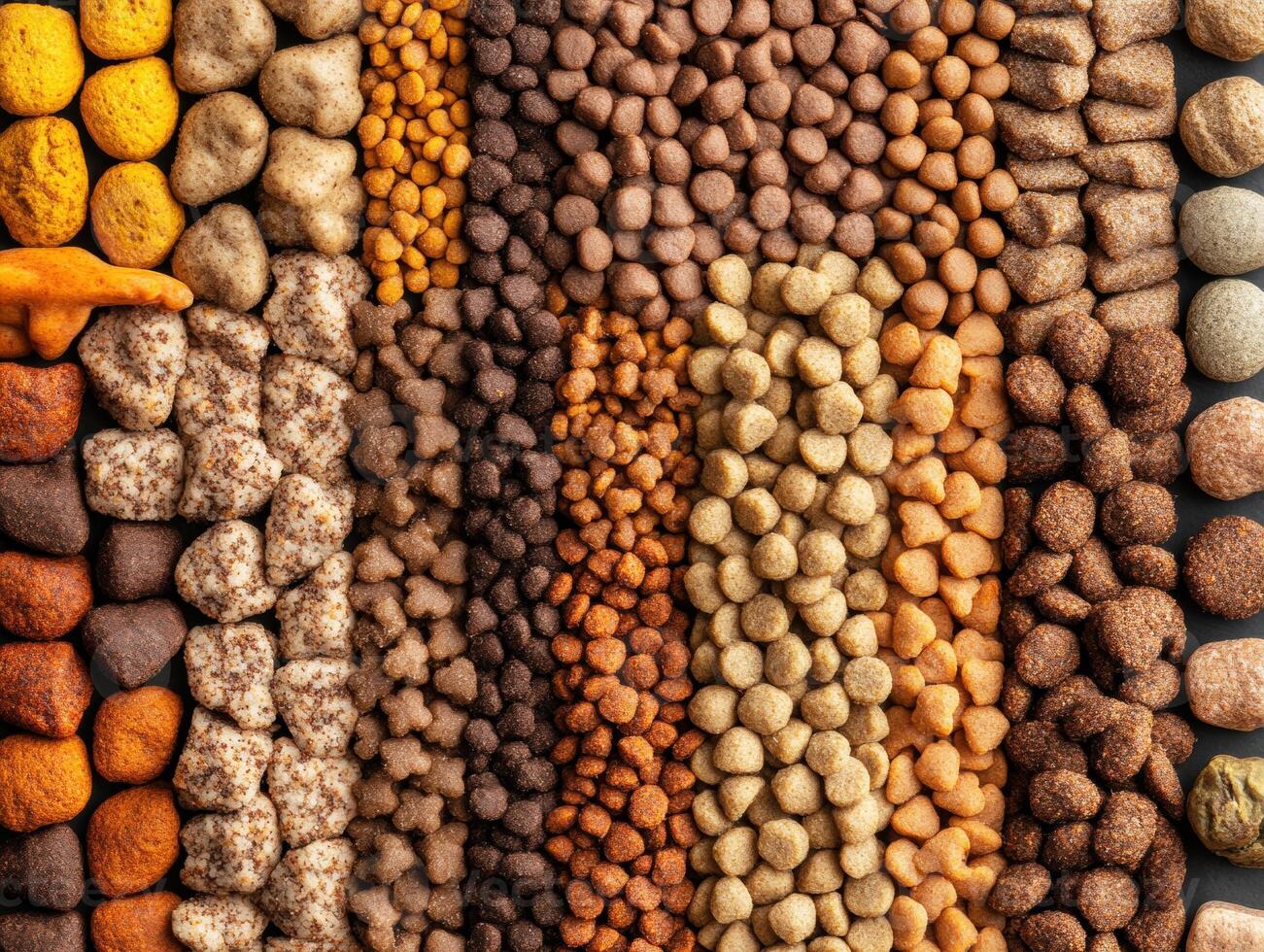 Varied textures and colors of pet food displayed in organized rows photo