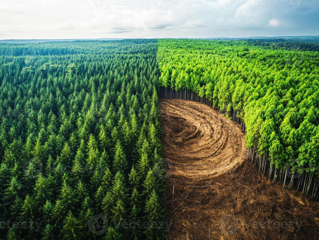 Forest transition showing contrasting tree types and land use photo