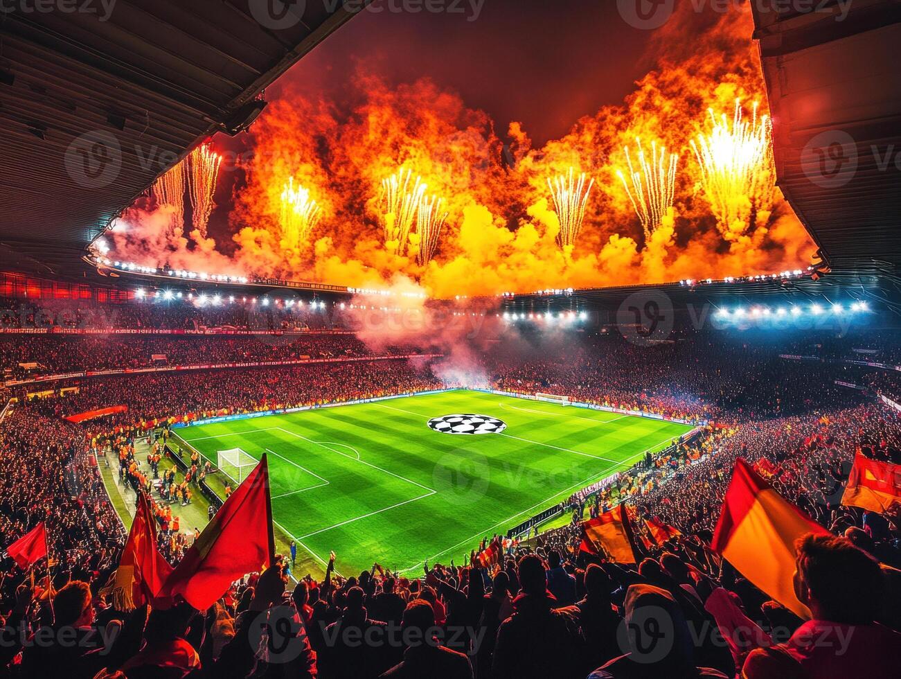 Spectacular fireworks display above stadium during exciting match photo