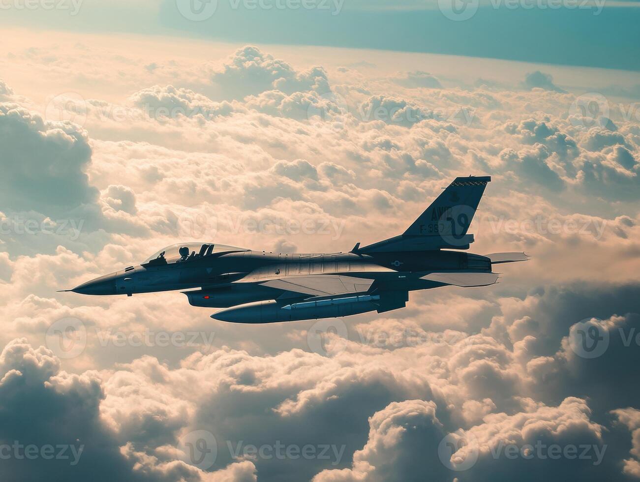 Fighter jet soaring through clouds at sunset over vast sky photo
