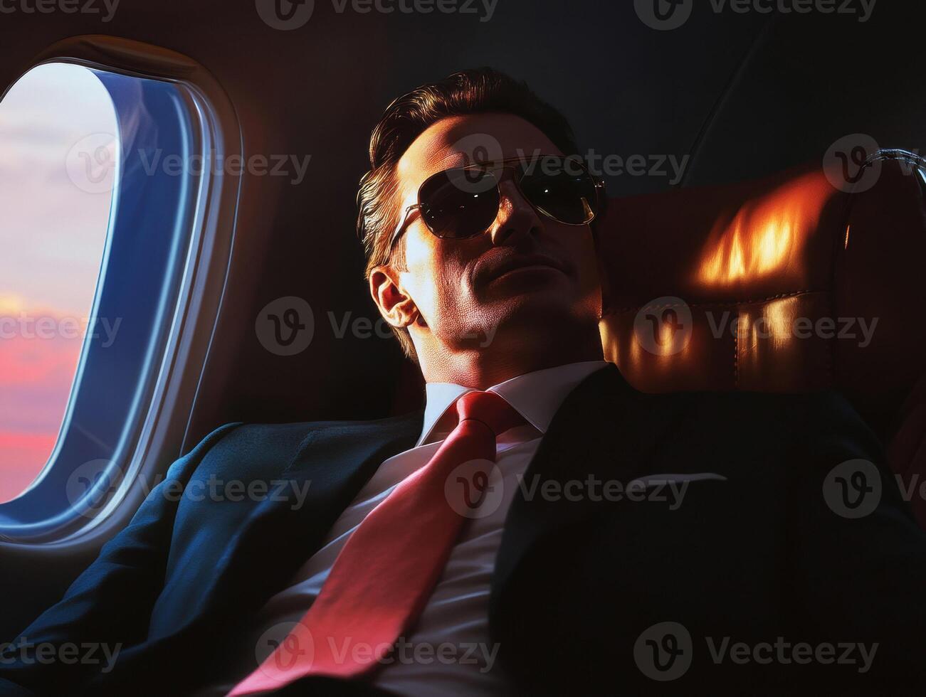 Businessman relaxing in a private jet during sunset photo