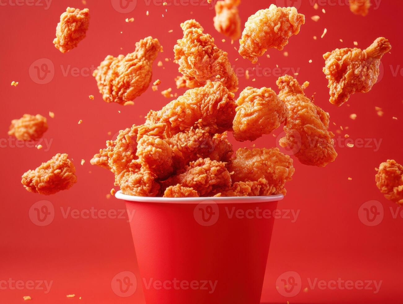 Crispy fried chicken pieces flying from a red cup photo