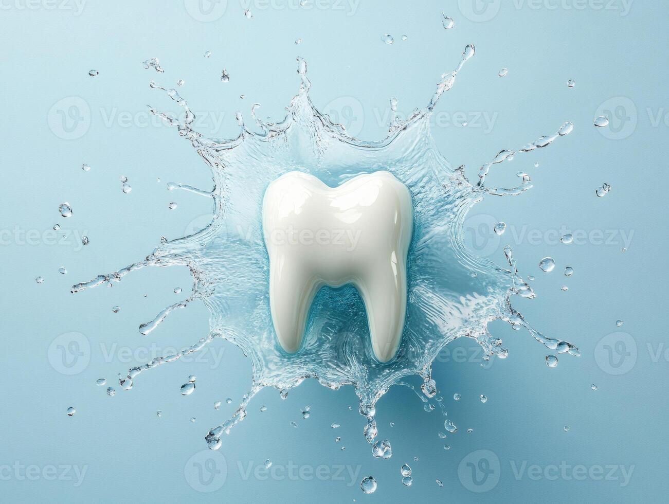 Tooth surrounded by splashes of water on a soft blue background photo