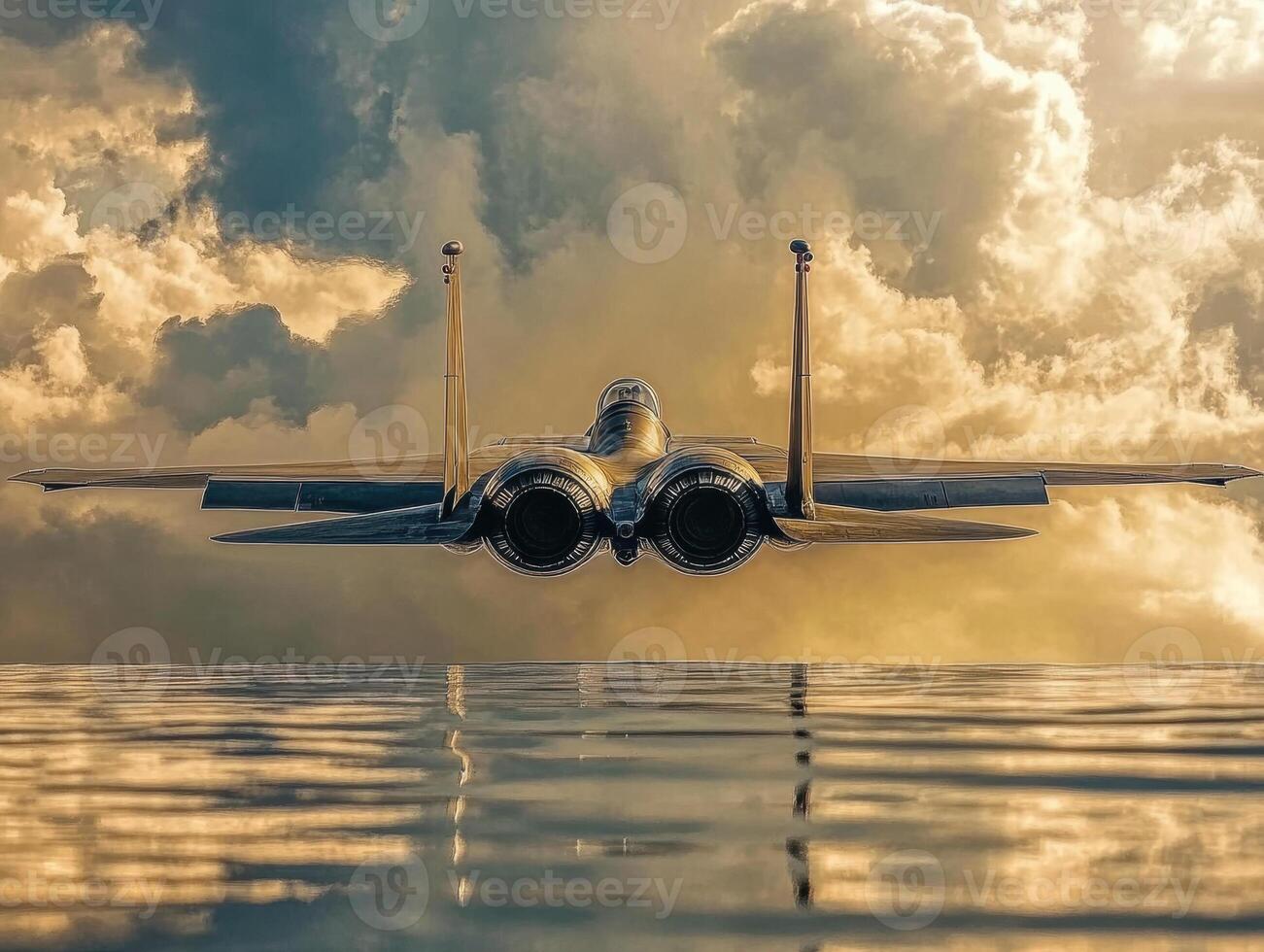 Military jet soaring over calm water at sunset photo