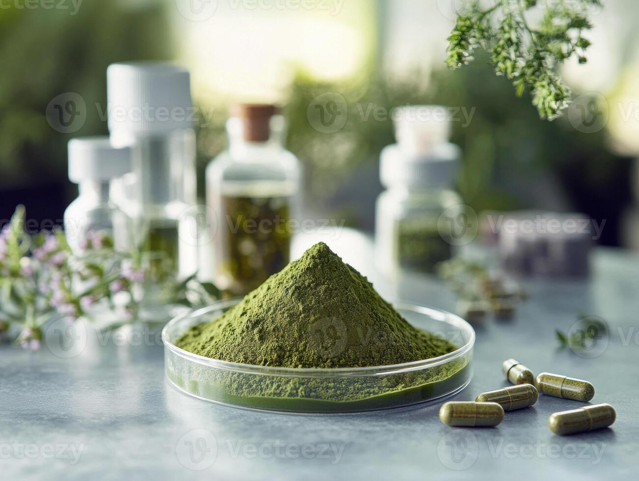Green herbal powder displayed with capsules and bottles on a table photo