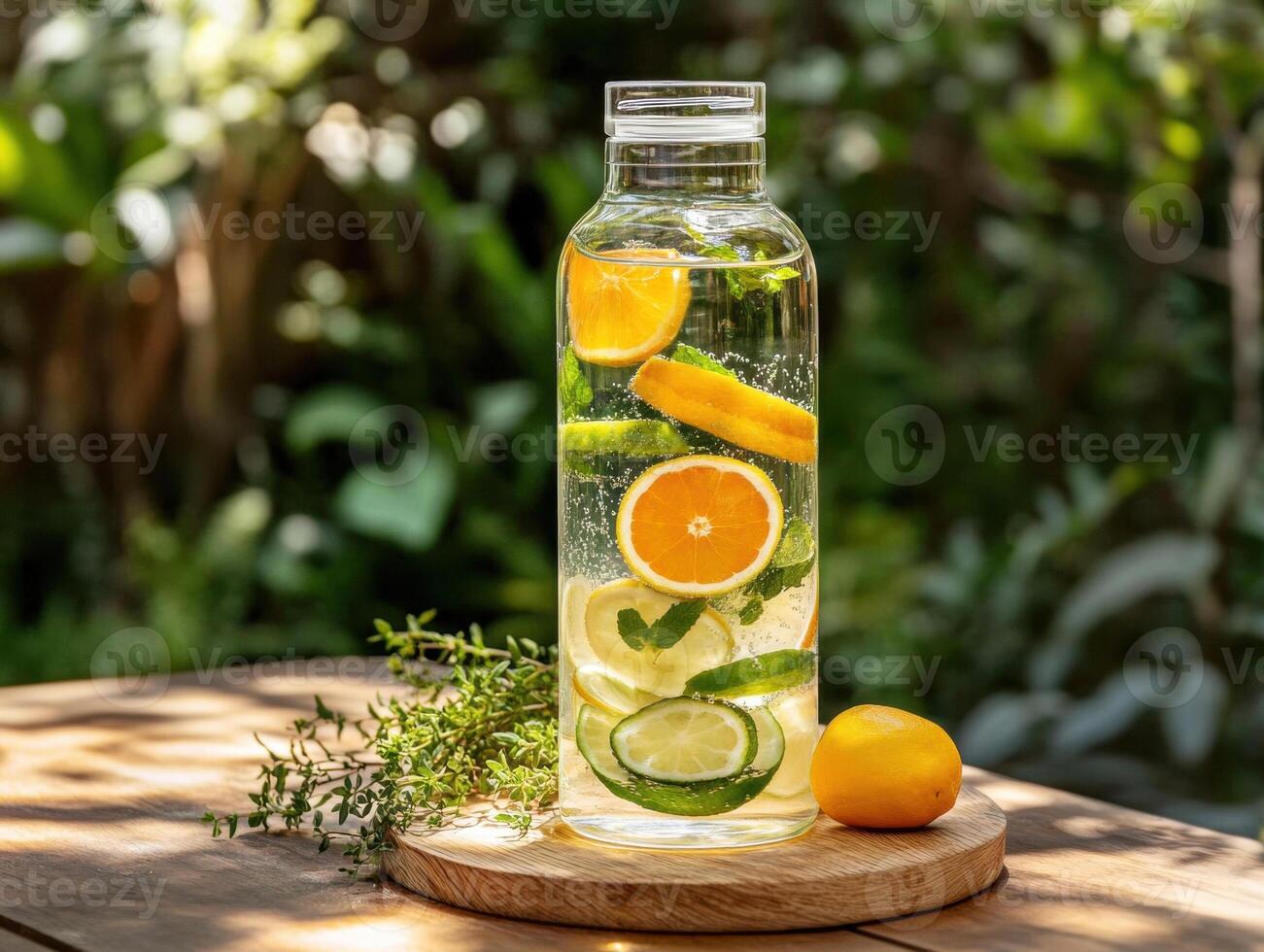 Refreshing infused water with citrus and herbs in a garden setting photo