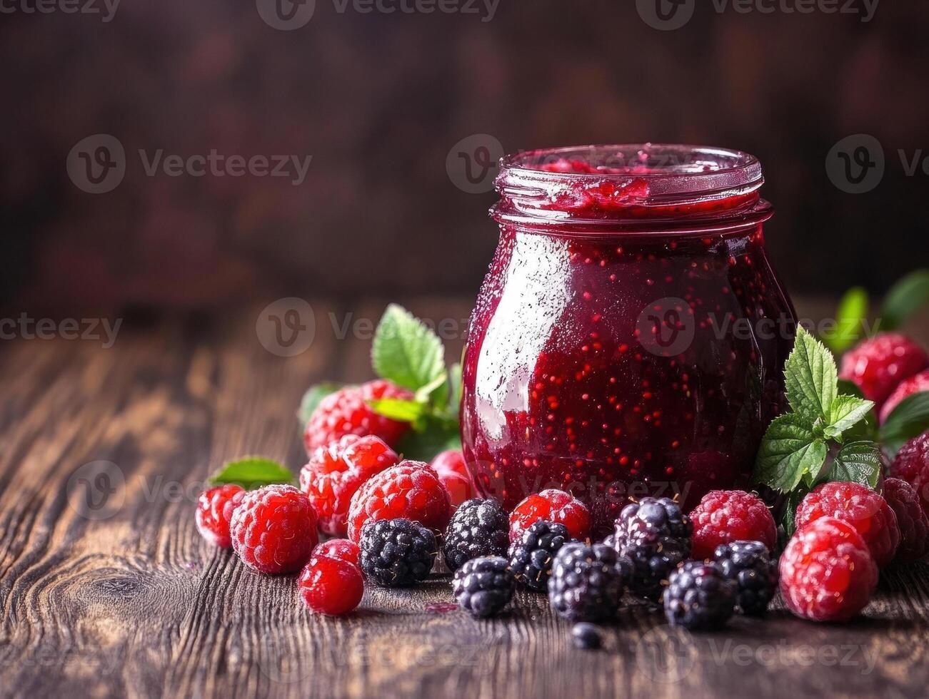 Fresh berry jam in a jar with ripe fruits on wooden table photo