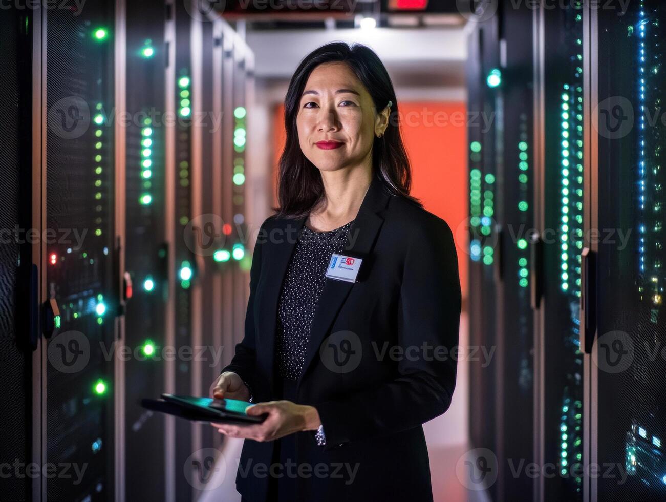 Woman in business attire holding a tablet in a data center photo