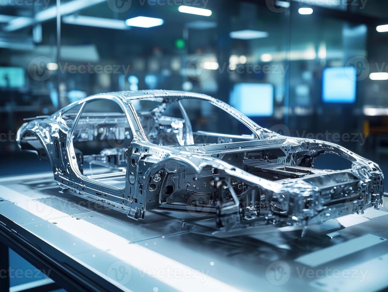 Modern metal car chassis displayed in a engineering workshop photo
