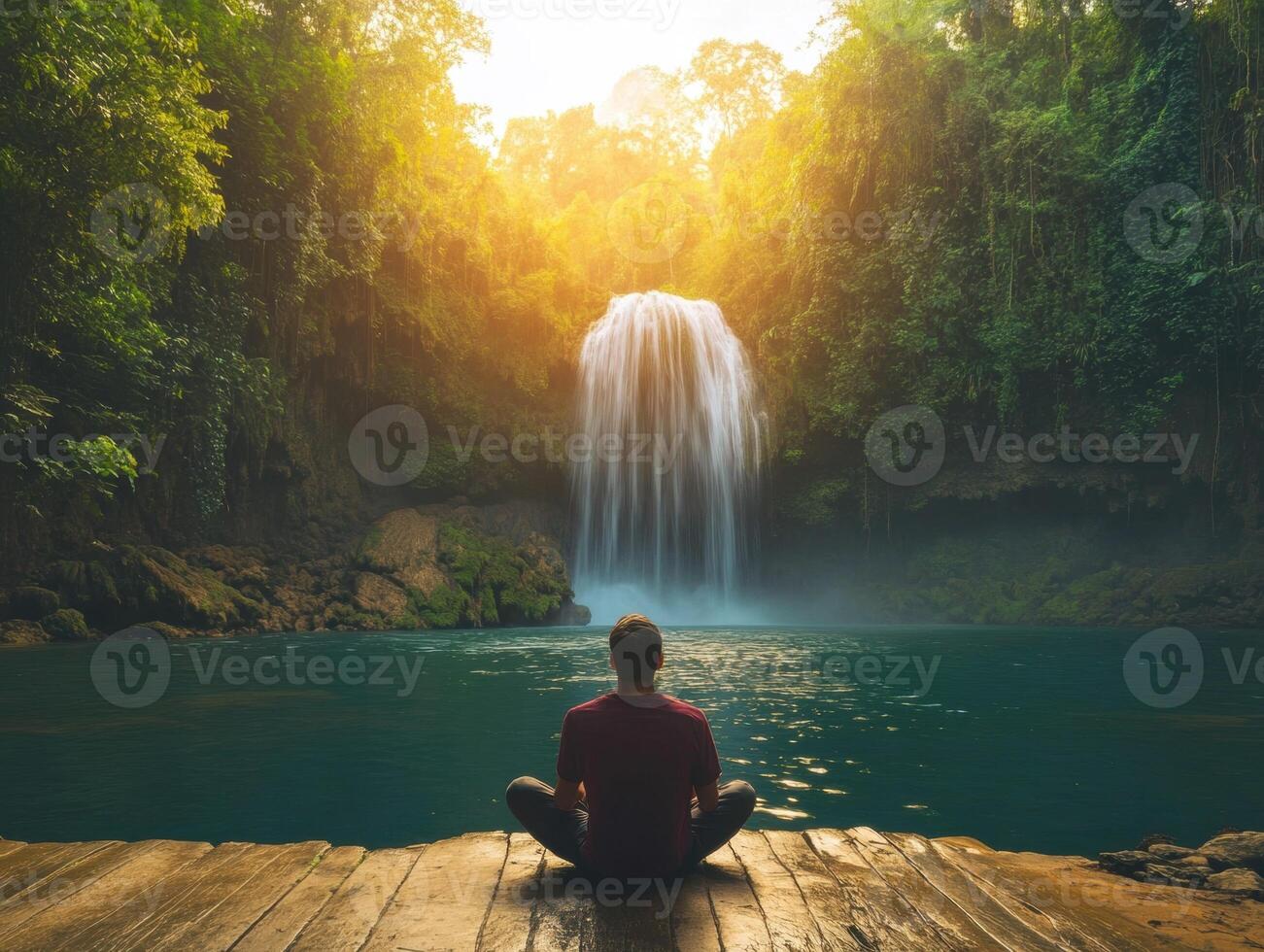 Relaxing by a tranquil waterfall surrounded by lush greenery photo