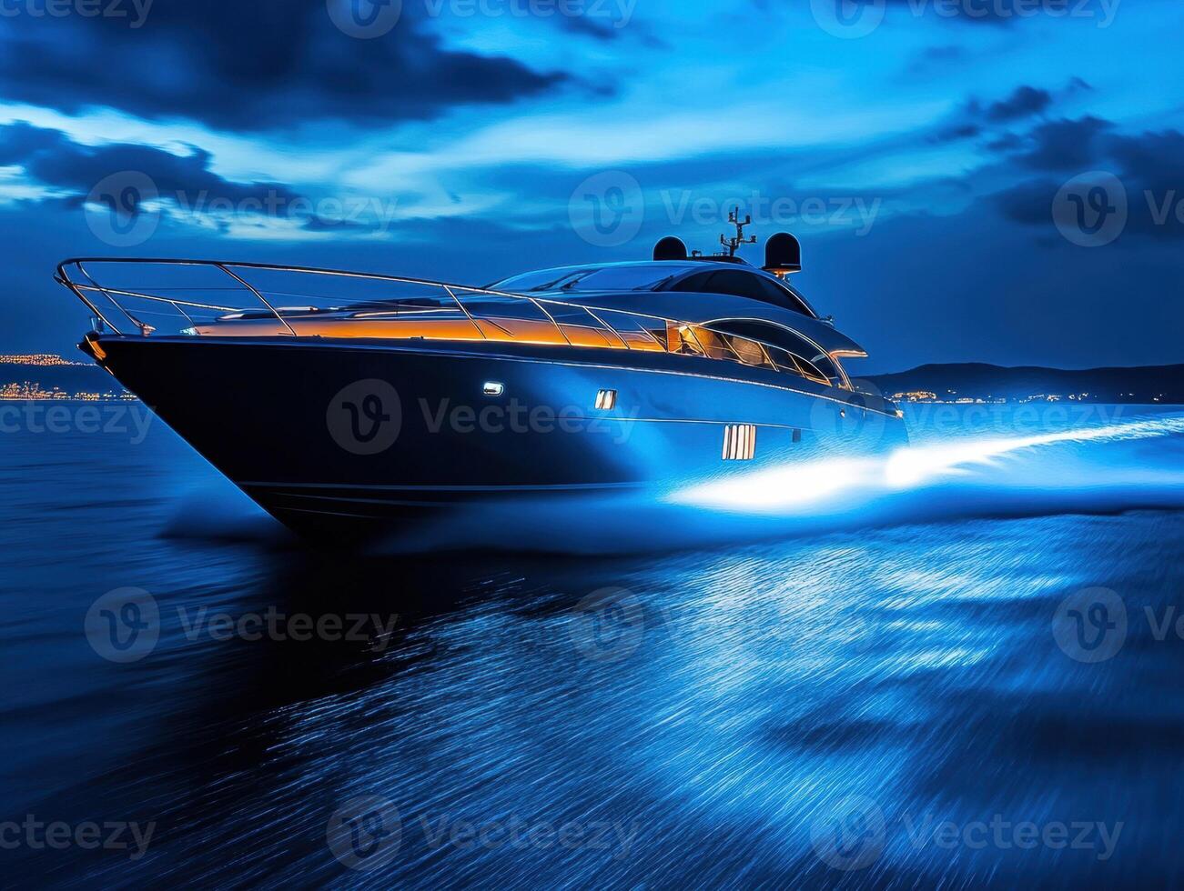 Luxury yacht gliding through water at night with vibrant lights photo