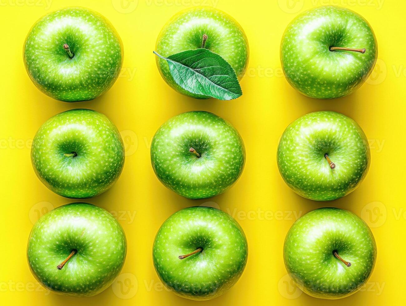 Fresh green apples arranged in a pattern on a bright yellow surface photo
