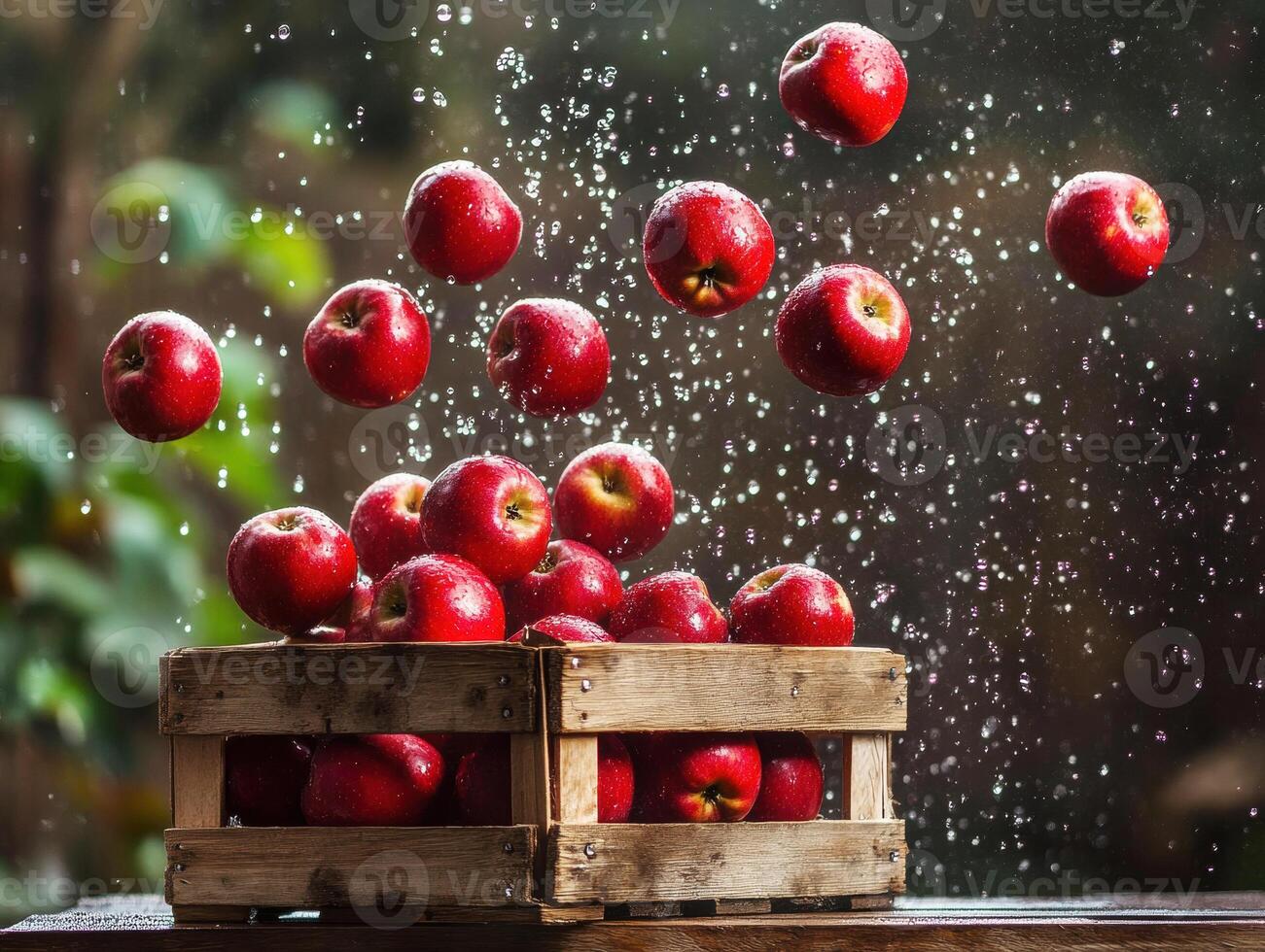 Freshly picked apples falling into a wooden crate with water spray photo
