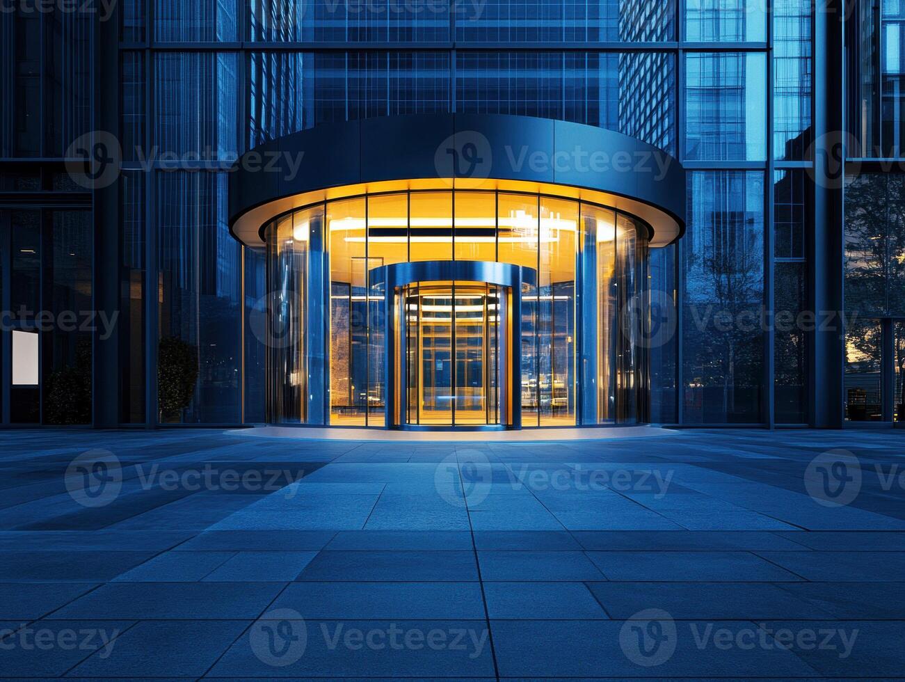 Elegant entrance of modern building illuminated at night photo