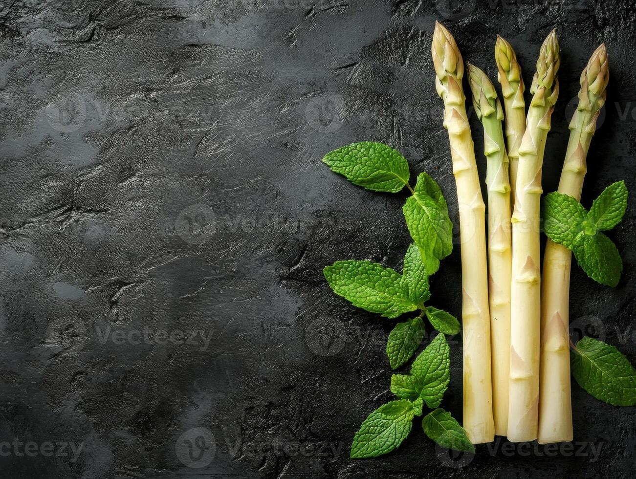 Fresh asparagus and mint displayed on a dark textured surface photo