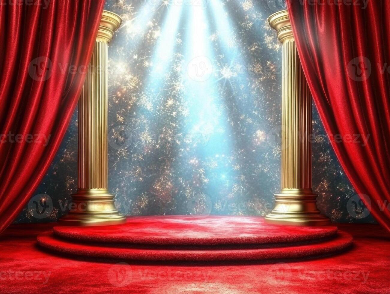 Golden pillars and red curtains create a dramatic stage setting photo