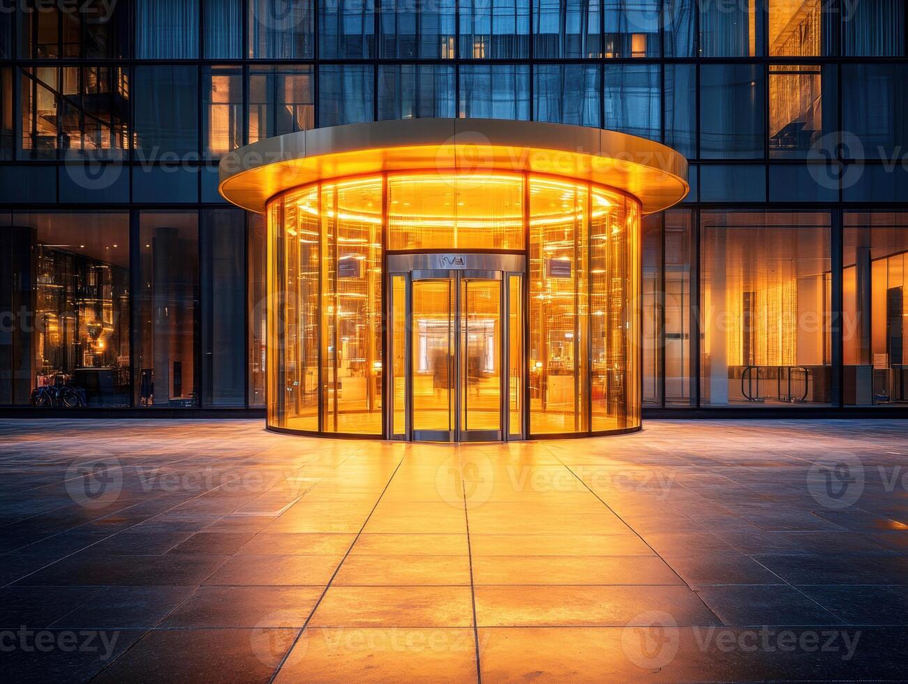 Urban entrance with glowing revolving door at twilight photo