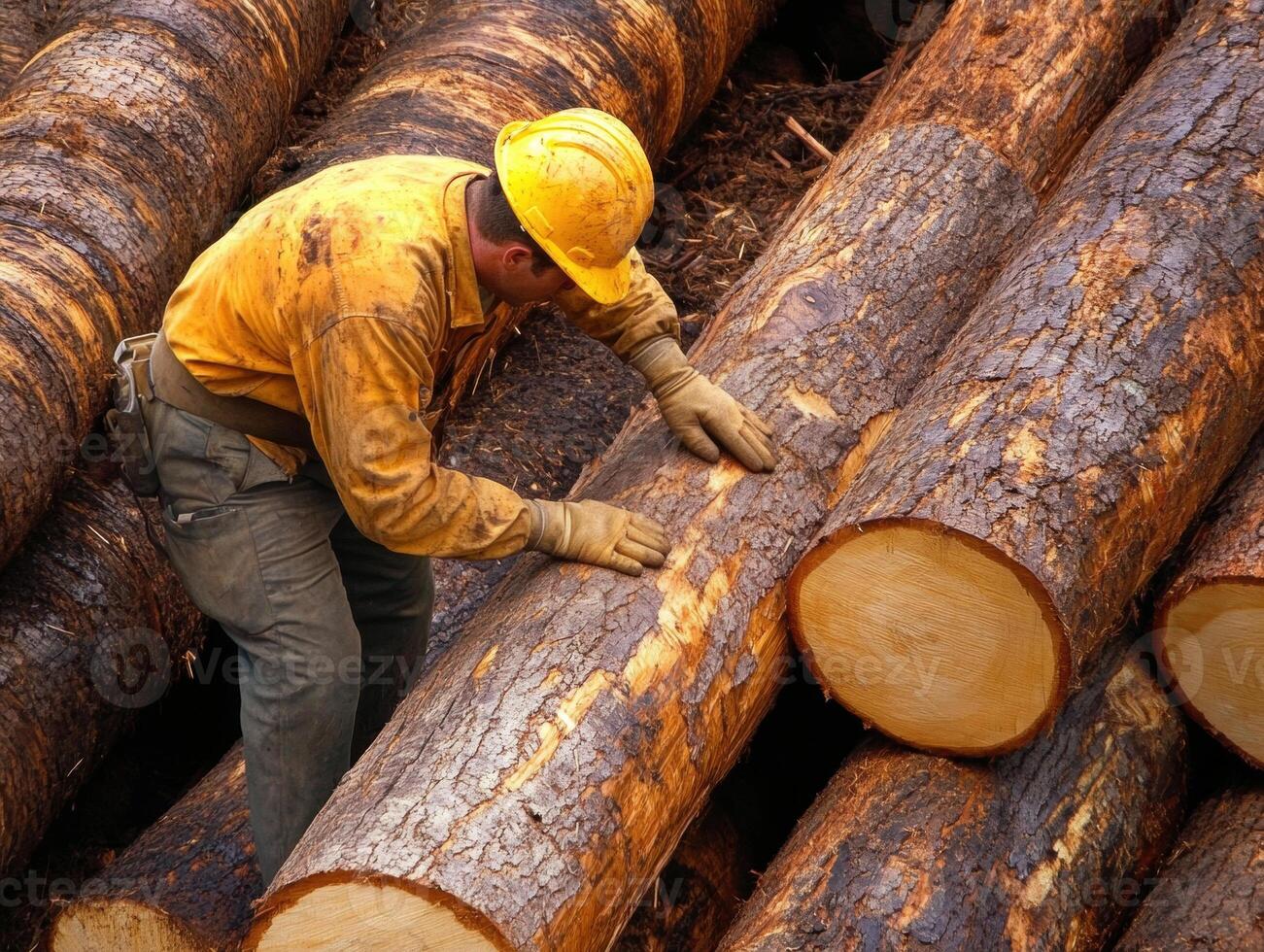 Worker inspects freshly cut logs in forest clearing during daytime photo