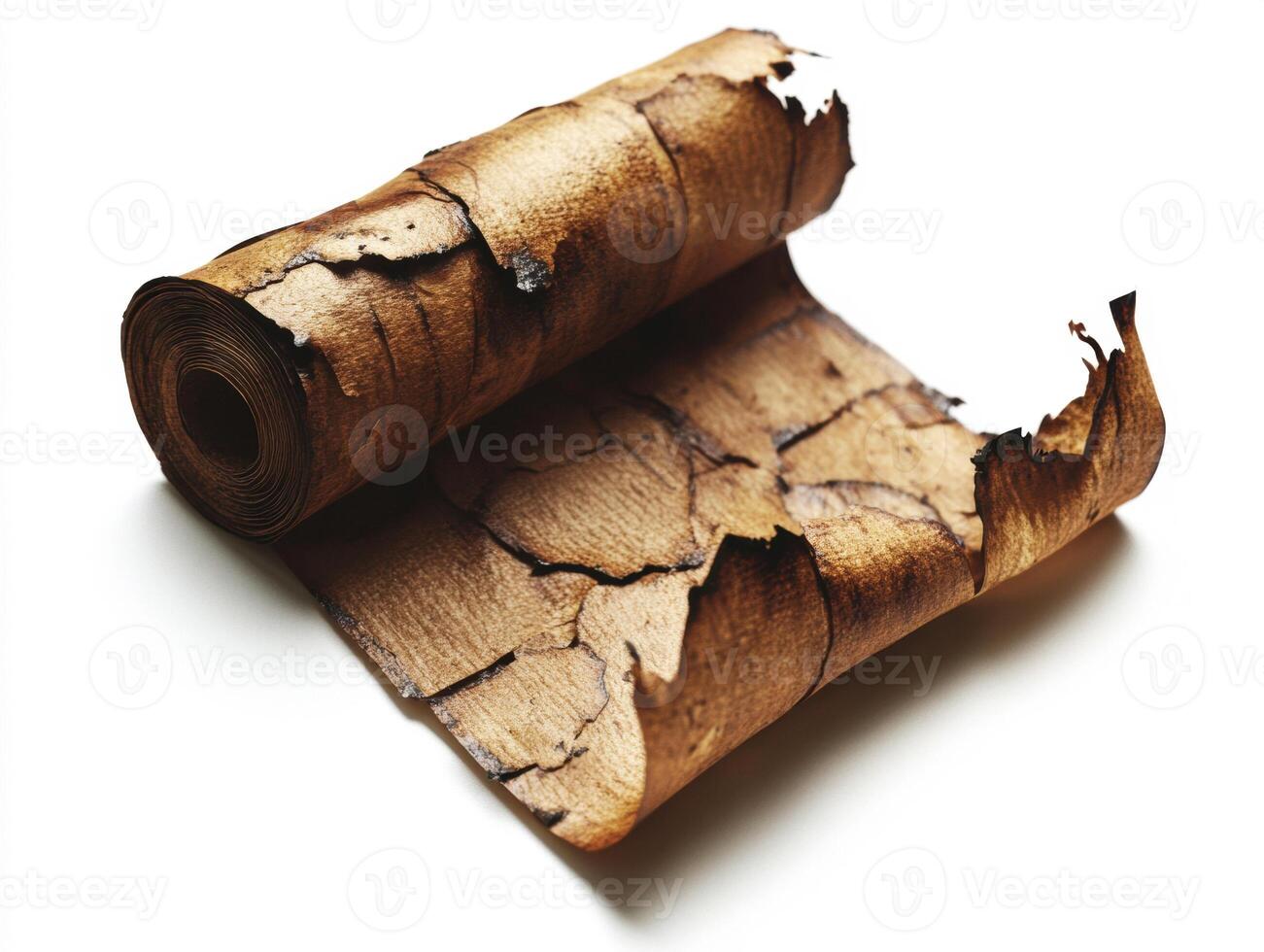 Ancient parchment roll with cracked surface displayed on white photo
