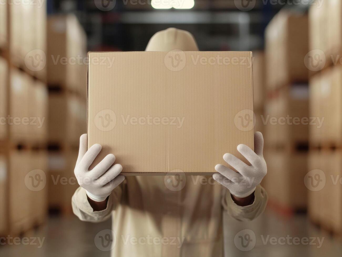 Worker holds a cardboard box in a warehouse during daylight hours photo