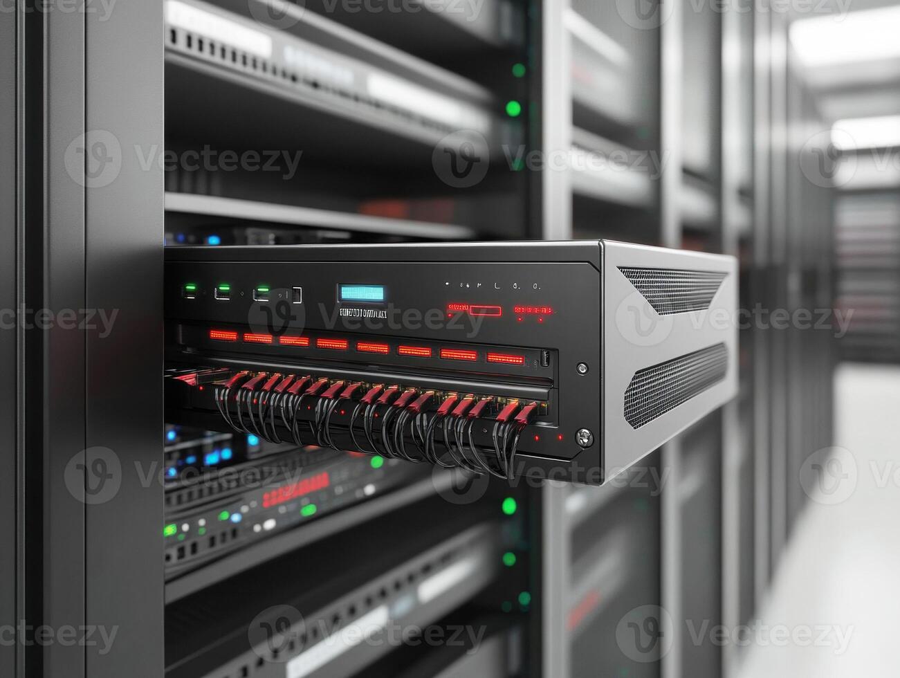 Data center equipment with illuminated servers during daytime photo