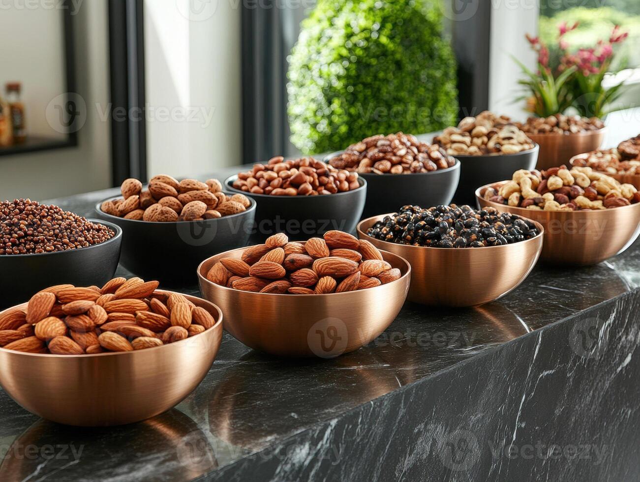 Variety of nuts and seeds displayed in elegant bowls photo