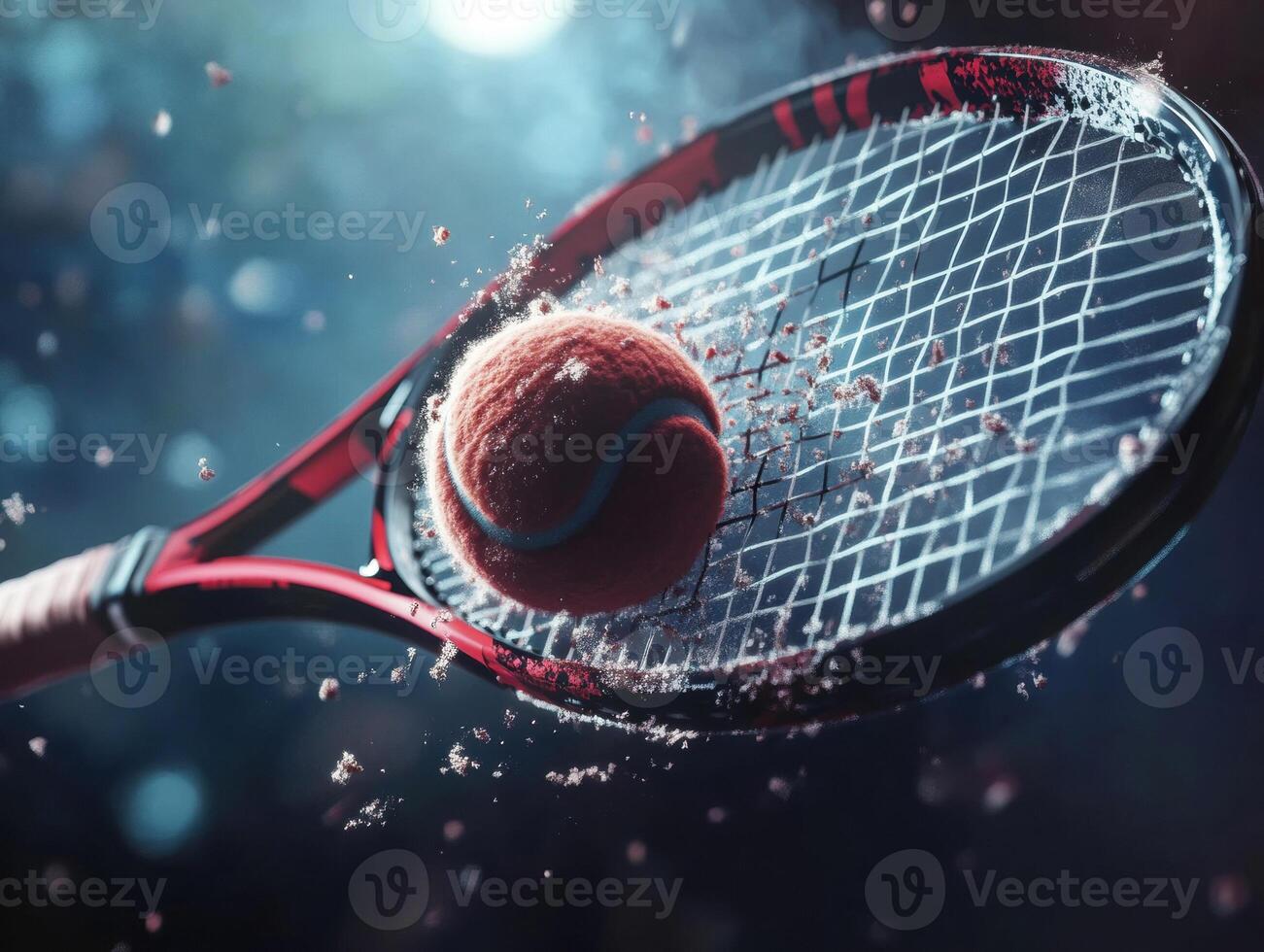 Tennis ball in motion striking racket with dynamic energy photo