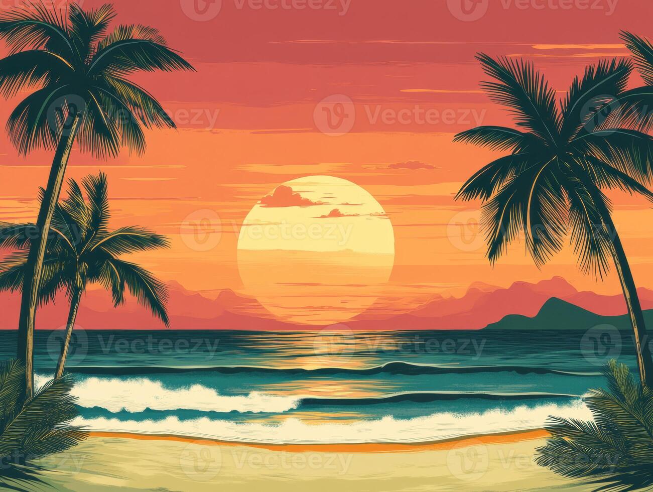 Sunset view over ocean with palm trees and colorful sky photo