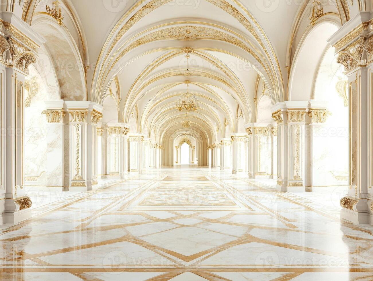 Elegant palace hallway with intricate architecture and marble flooring photo