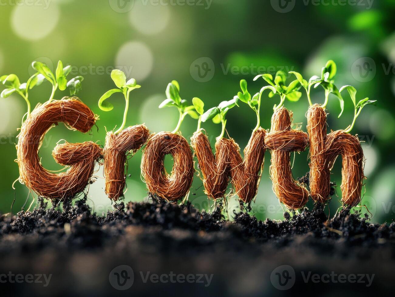 Text made of twine spells growth surrounded by green sprouts photo