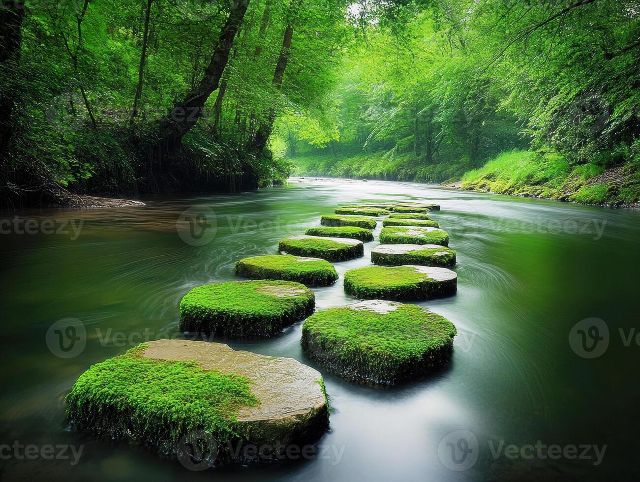 Stepping stones create a path through lush green forest stream photo