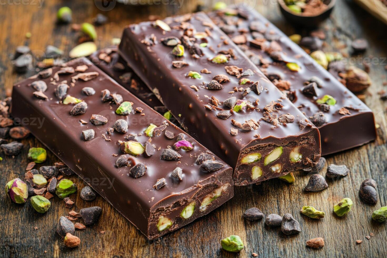 Delicious chocolate bars with nuts and toppings on wooden surface photo