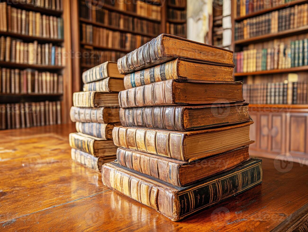 Stacks of antique books in a traditional library setting photo
