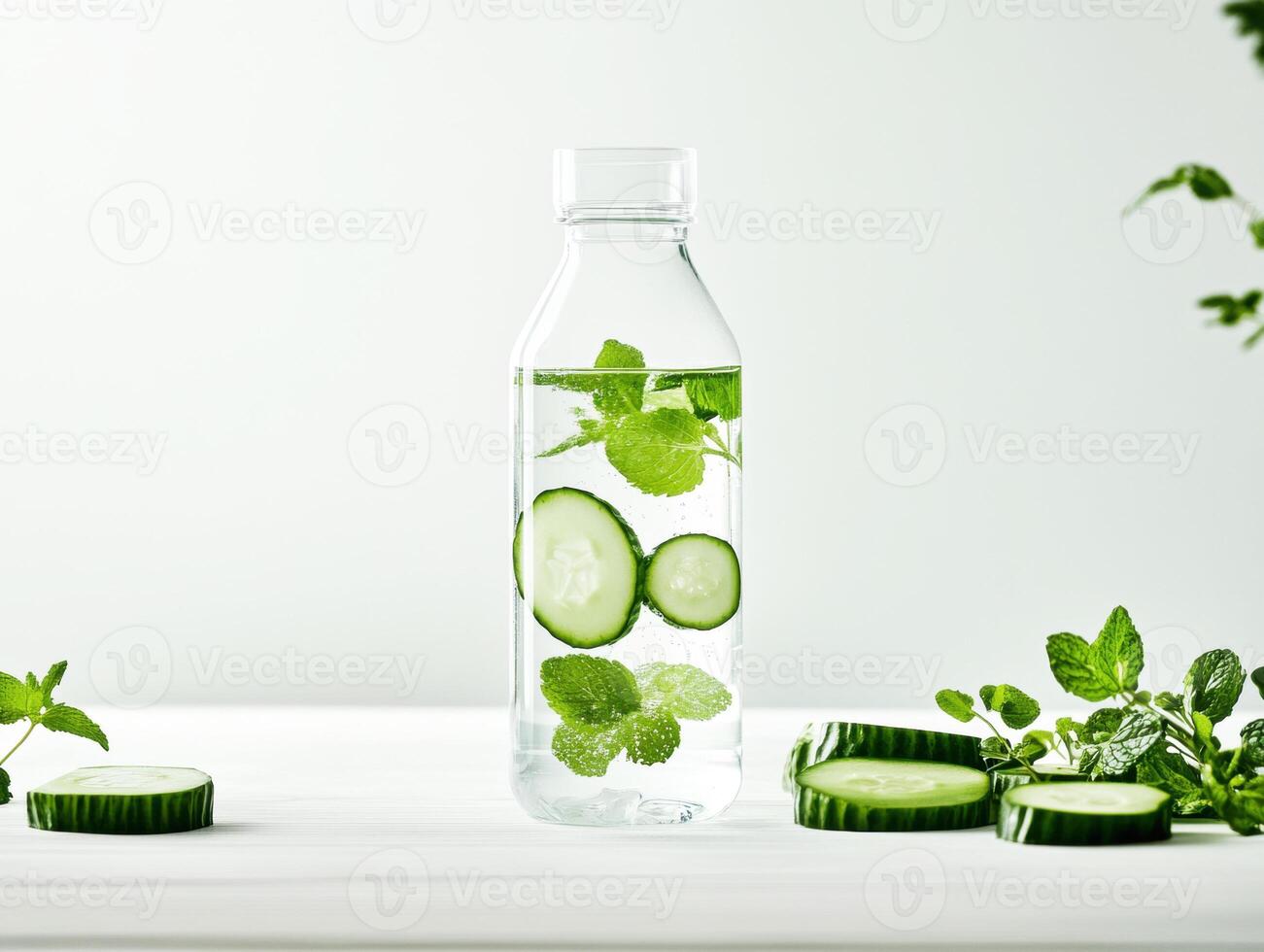 Refreshing cucumber mint water in a clear bottle on a white table photo