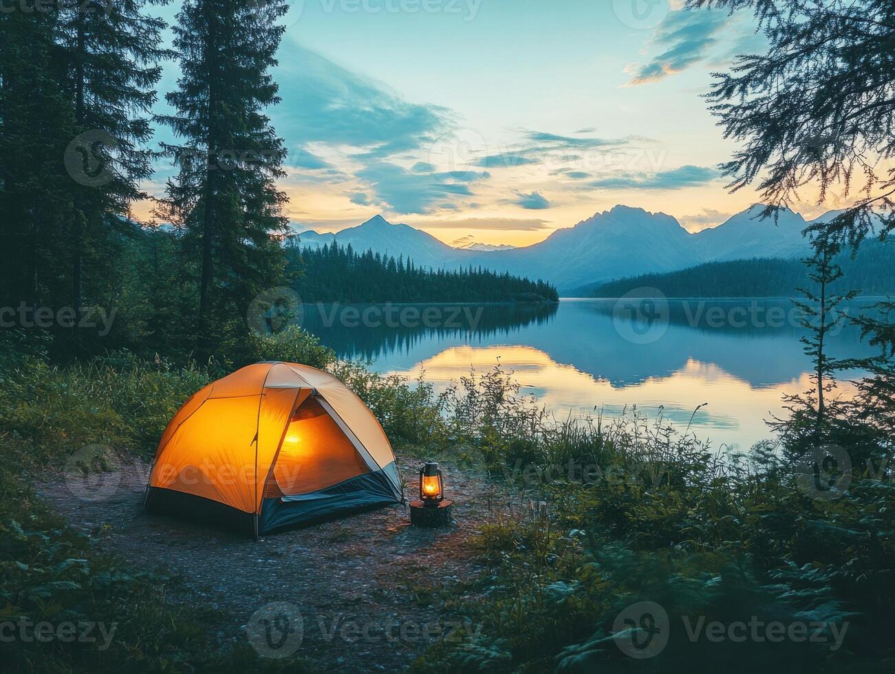 Camping by the serene lake at dusk with glowing tent and lantern photo