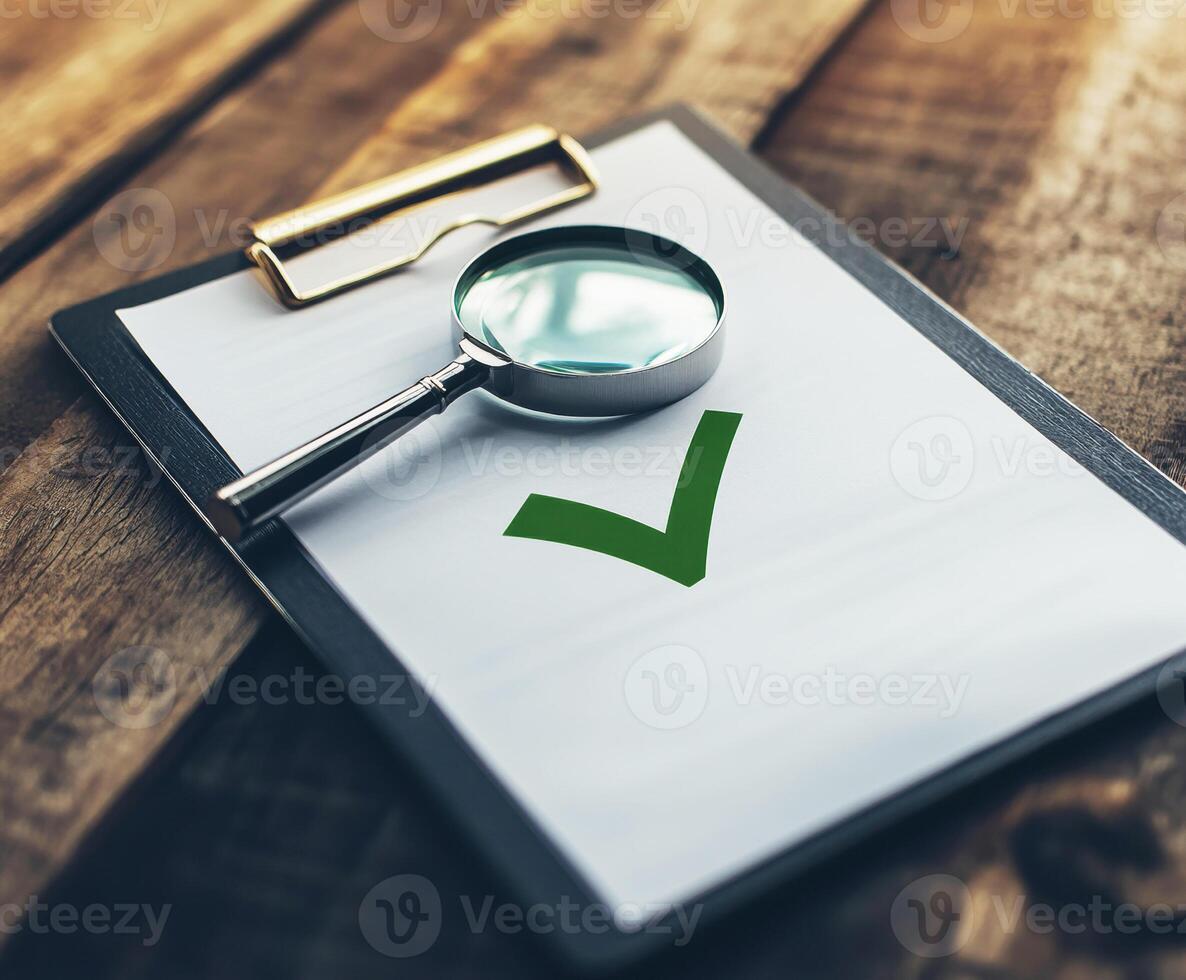Magnifying glass and clipboard with checkmark on wooden table photo