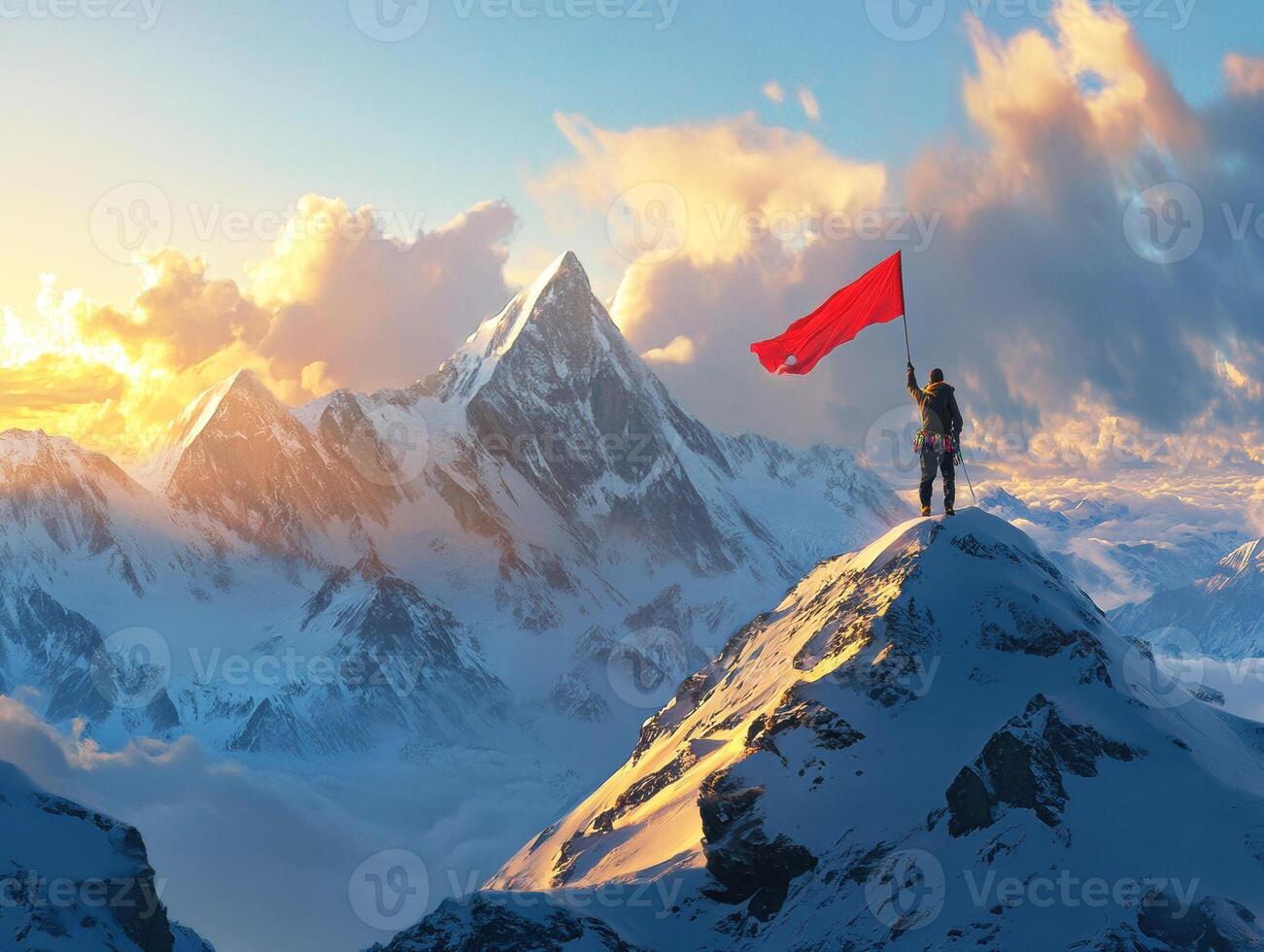 Climber triumphs with red flag on snowy mountain peak photo